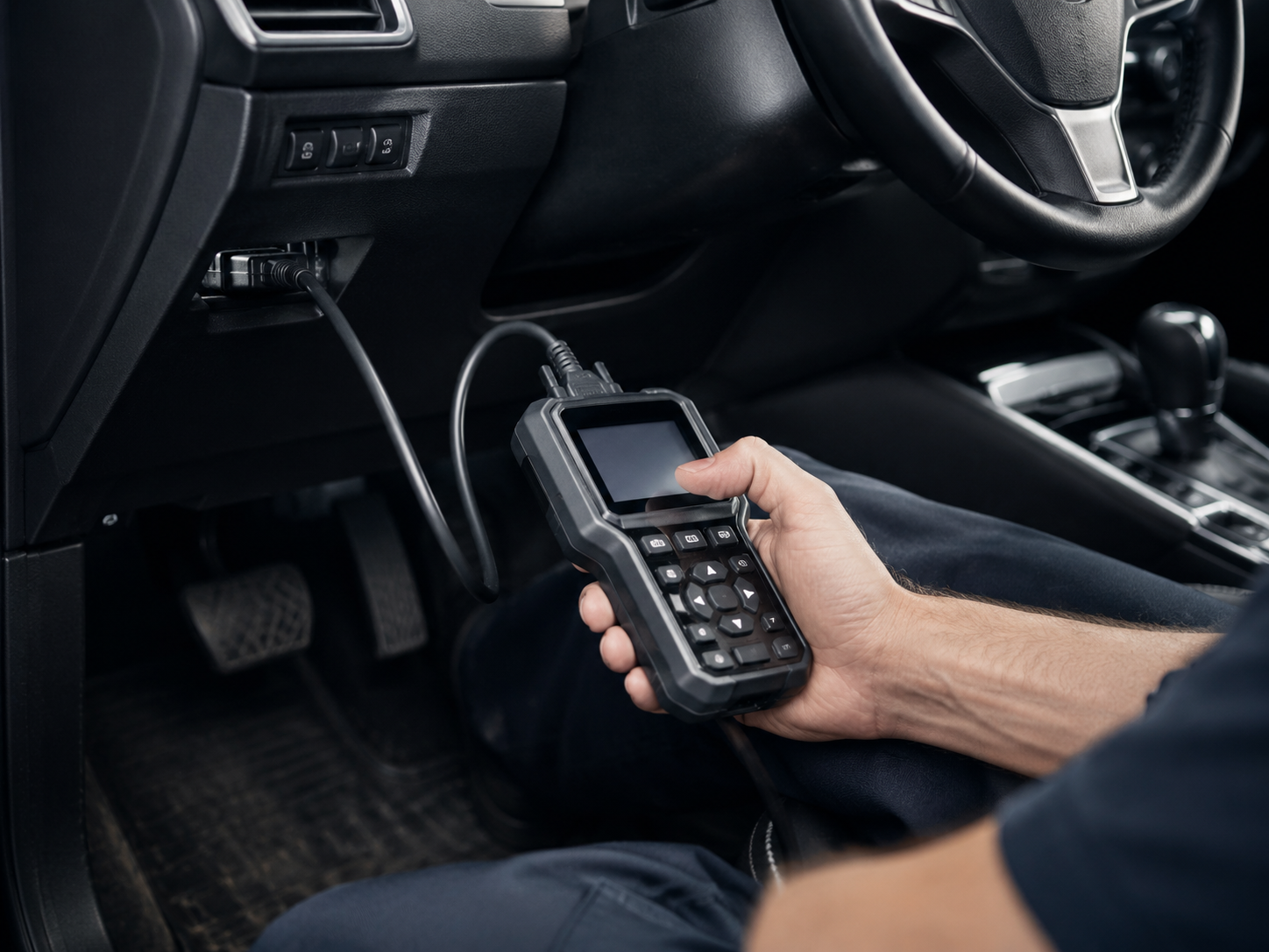 OBD-II scanner connected during vehicle diagnosis